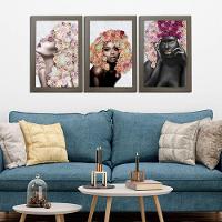Kit 3 Quadros Decorativos 20X30 Mulheres Rosto Flores Rosas Titulo Moldura Madeira - 9