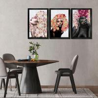 Kit 3 Quadros Decorativos 20X30 Mulheres Rosto Flores Rosas Titulo Moldura Preta