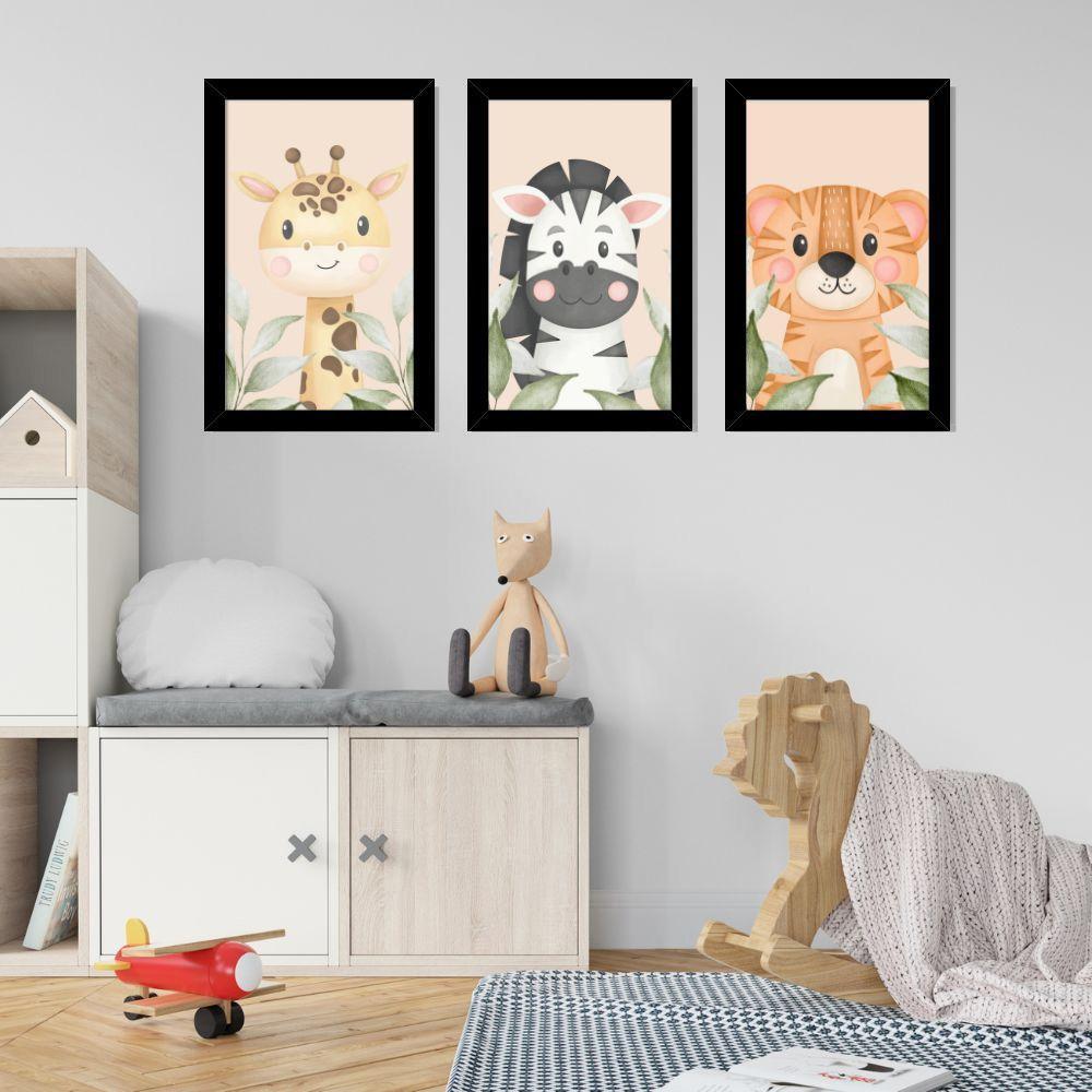 Kit Quadros Infantil Safari Aquarela 20X30 Com Vidro Titulo Moldura Preta - 5