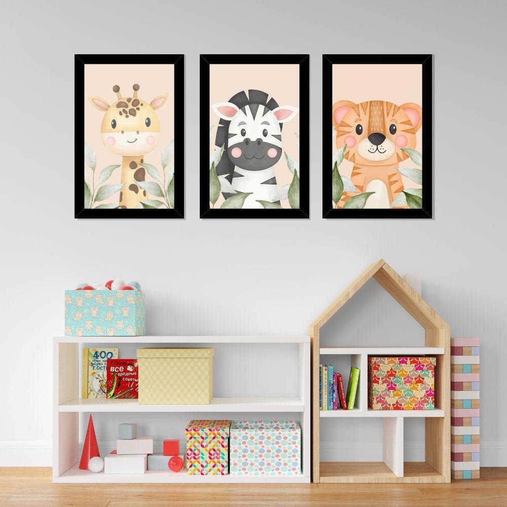 Kit Quadros Infantil Safari Aquarela 20X30 Com Vidro Titulo Moldura Preta - 6