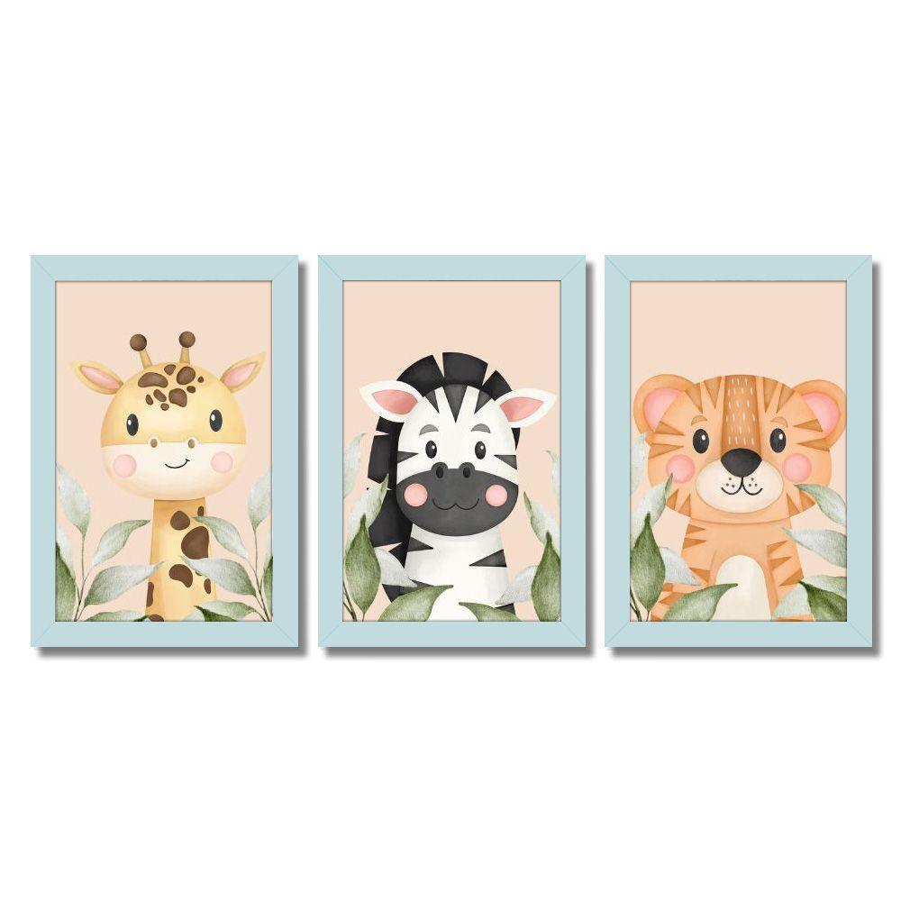Kit Quadros Infantil Safari Aquarela 20X30 Com Vidro Titulo Moldura Azul - 1