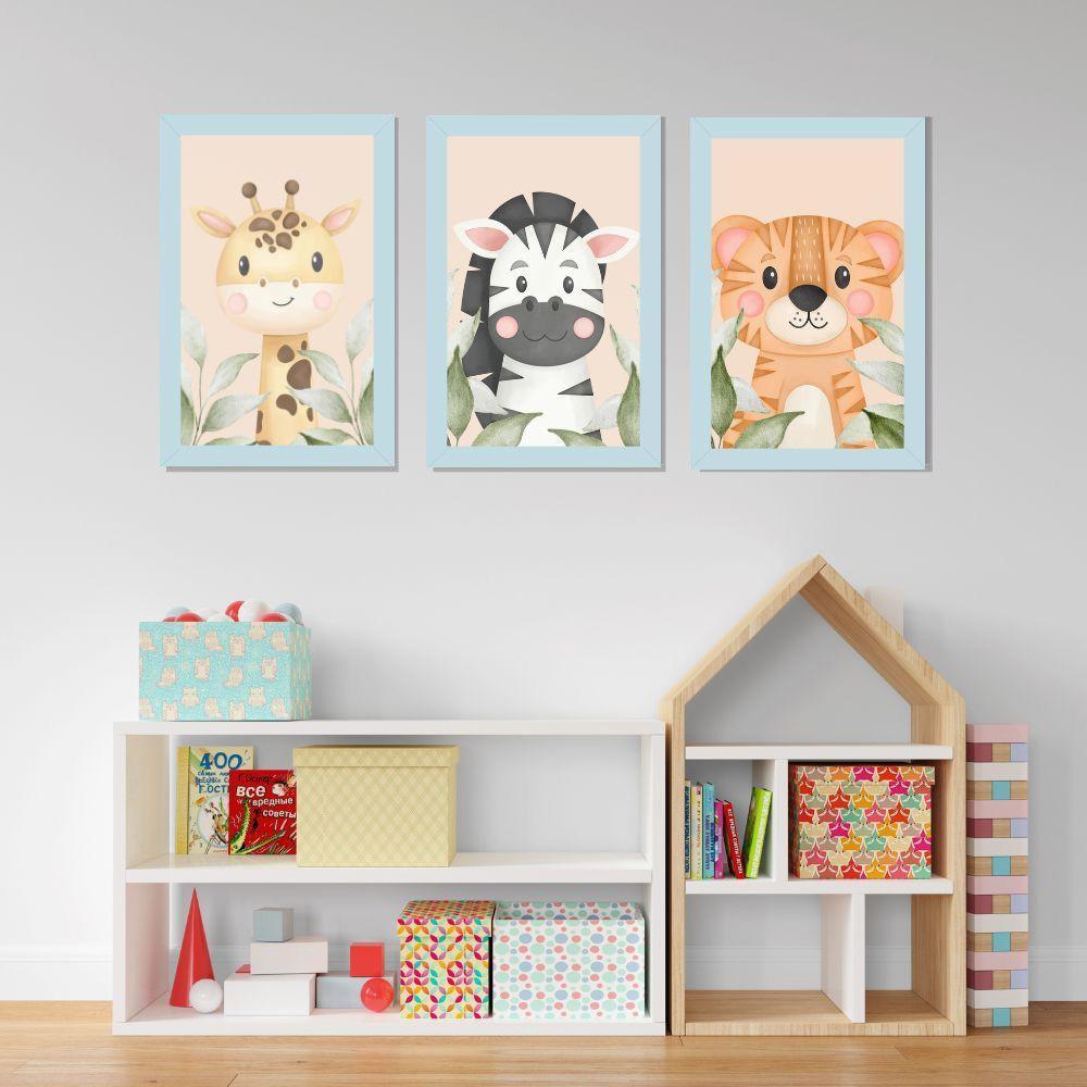 Kit Quadros Infantil Safari Aquarela 20X30 Com Vidro Titulo Moldura Azul - 5