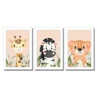 Kit Quadros Infantil Safari Aquarela 20X30 Com Vidro Titulo Moldura Branca - 1