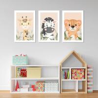 Kit Quadros Infantil Safari Aquarela 20X30 Com Vidro Titulo Moldura Branca - 5