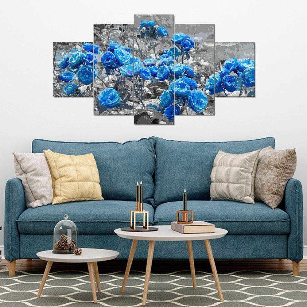 Kit 5 Placa Quadro Decorativo Quarto Sala Flores Vermelha Titulo Rosas Azuis - 5