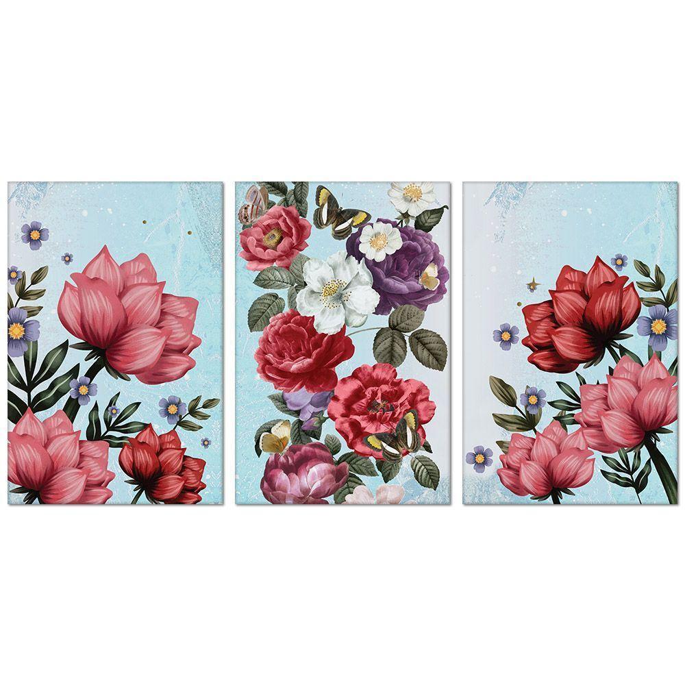 Kit Placas Quadros Decorativos 3 Pçs Mdf 20X30 Floridas Titulo Rosas Sobre Azul - 1