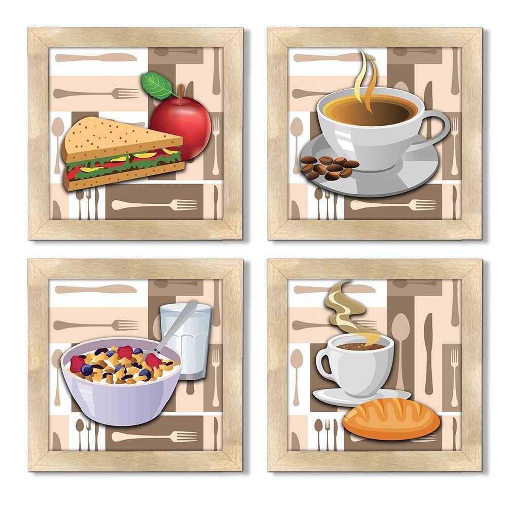 Quadro Decorativo Cozinha Café Manhã Padaria 20X20Cm Kit 4Un Titulo Moldura Carvalho - 1