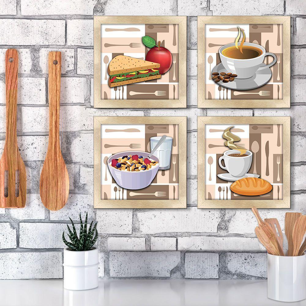 Quadro Decorativo Cozinha Café Manhã Padaria 20X20Cm Kit 4Un Titulo Moldura Carvalho - 4