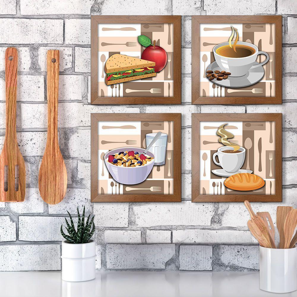 Quadro Decorativo Cozinha Café Manhã Padaria 20X20Cm Kit 4Un Titulo Moldura Ocre - 5