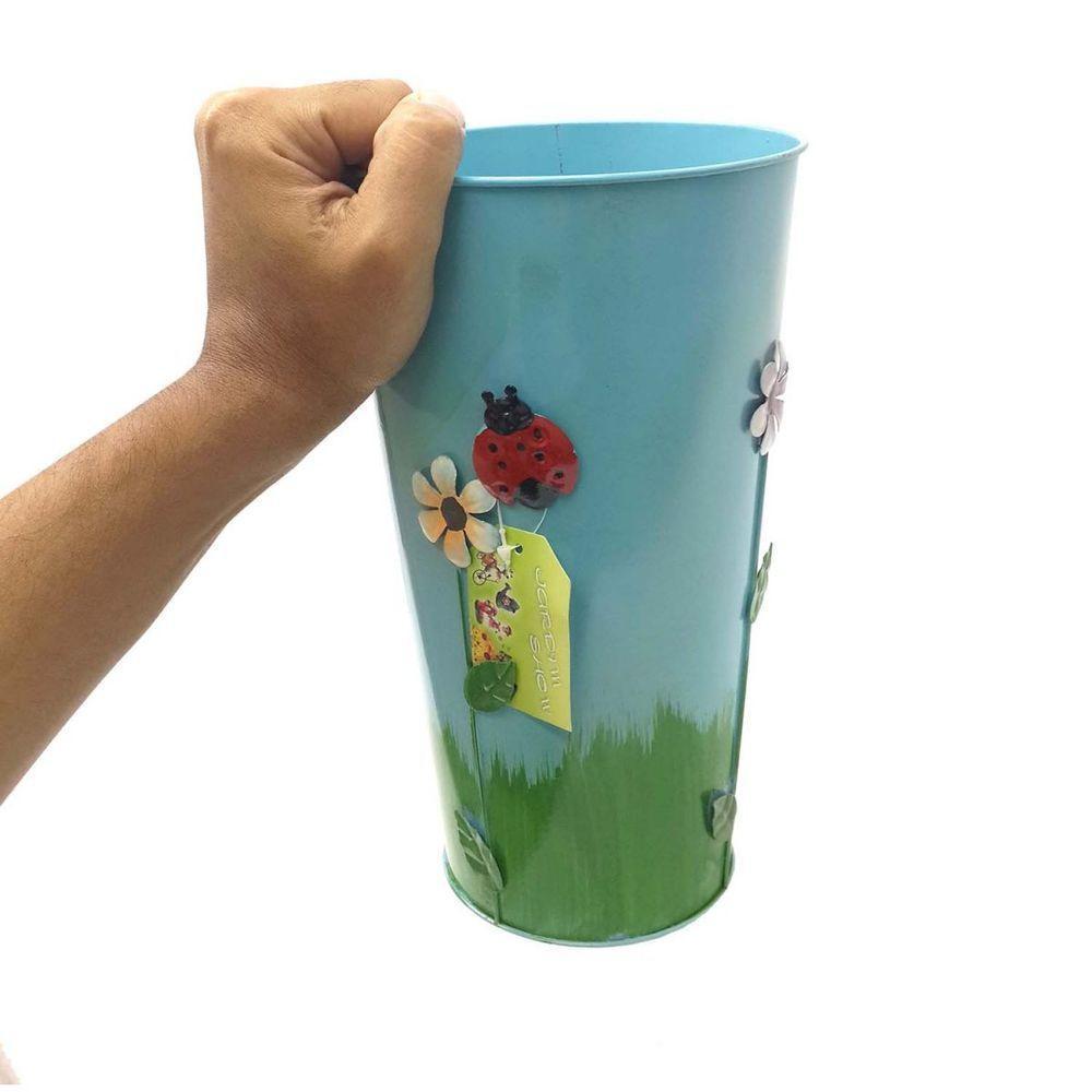 Vaso Balde Enfeite De Ferro Jardim Varanda Flor Azul - 1