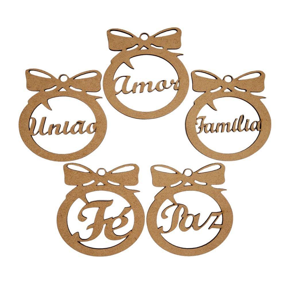 Kit Com 5 Enfeites Bolinhas De Natal Com Palavras Mdf Cru - 1