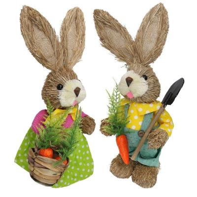 Casal De Coelhos De Palha Páscoa Decoração Enfeite Coelhinhos 34cm