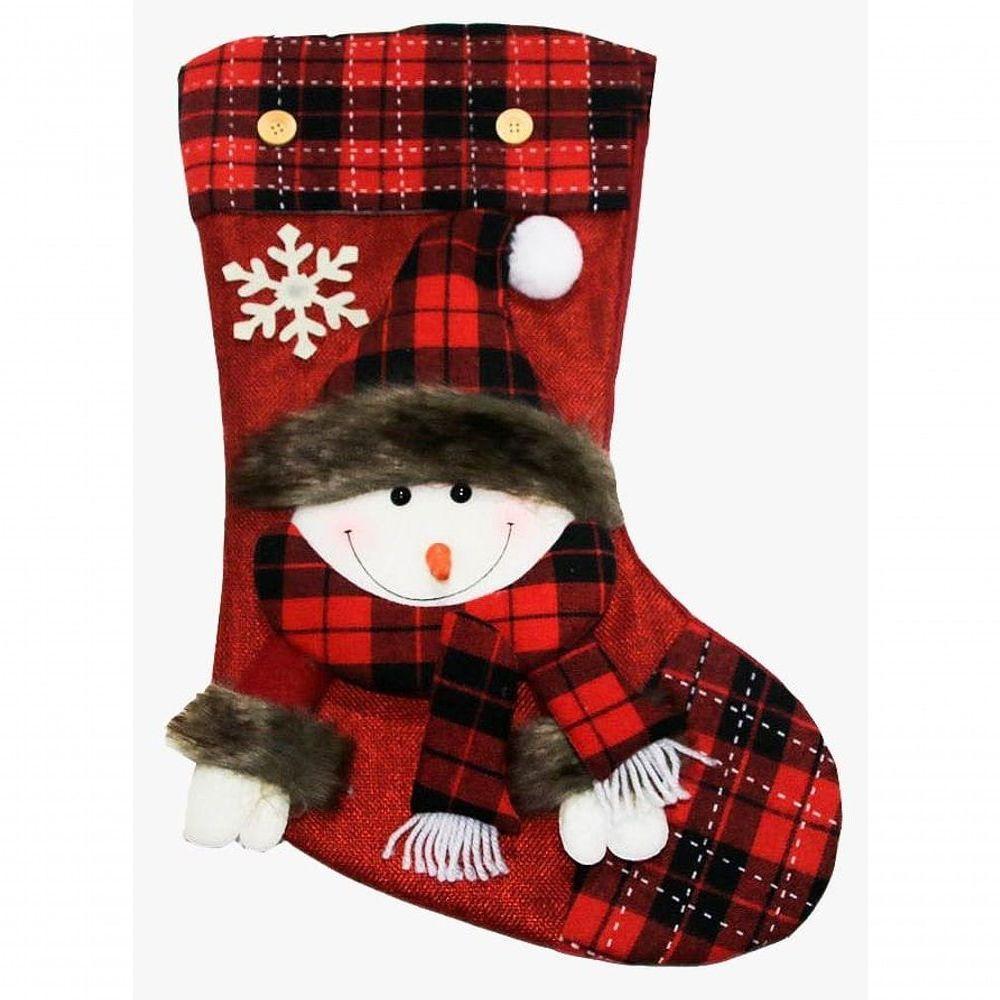 Decoração Natal Bota Meia Xadrez Boneco De Neve Natalino 45cm - 1