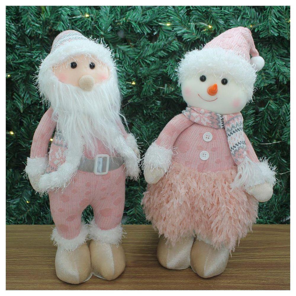 Dupla Boneco Natalino Papai Noel E Boneco De Neve Rosa - 1