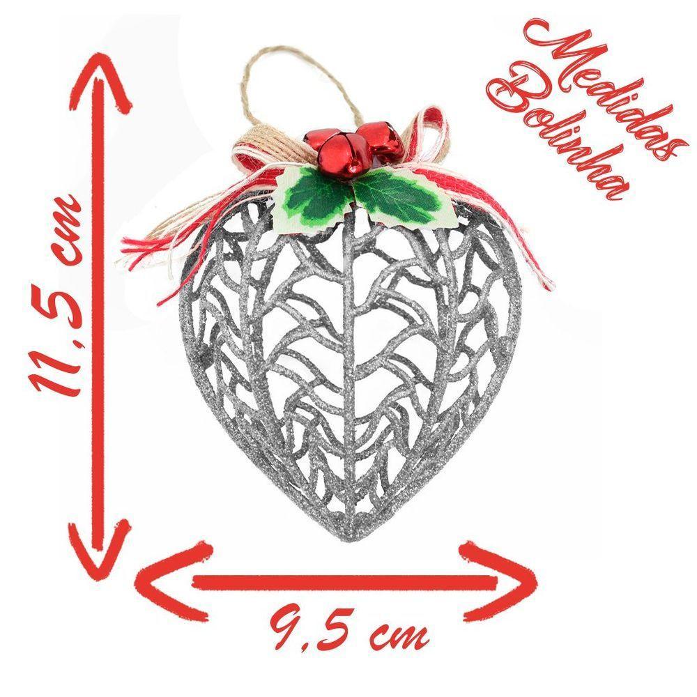 Kit Conjunto 6 Peças Decoração Enfeite Bola Coração árvore Natal Prata Glitter Natalina 11,5cm - 2