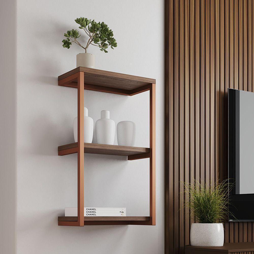 Nicho De Parede Industrial Para Quarto 3 Prateleiras Milão - Cobre E Imbuia - Preto - 1