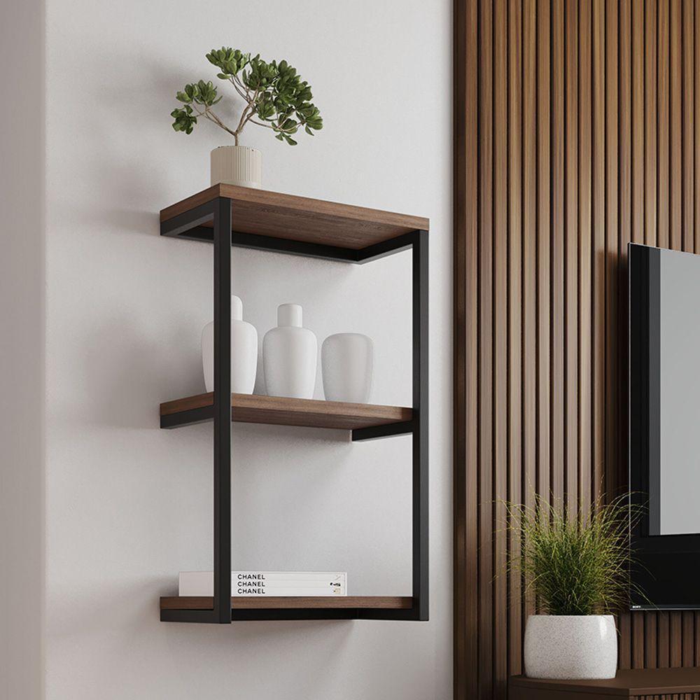Nicho De Parede Industrial Para Quarto 3 Prateleiras Milão - Preto E Imbuia - Preto - 1