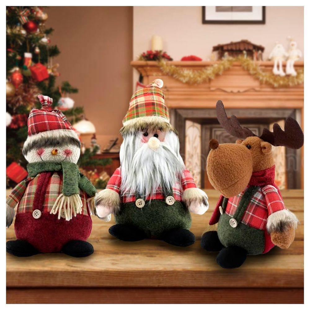 Kit Trio Bonecos De Natal Boneco De Neve Papai Noel Rena Xadrez 22cm - 1