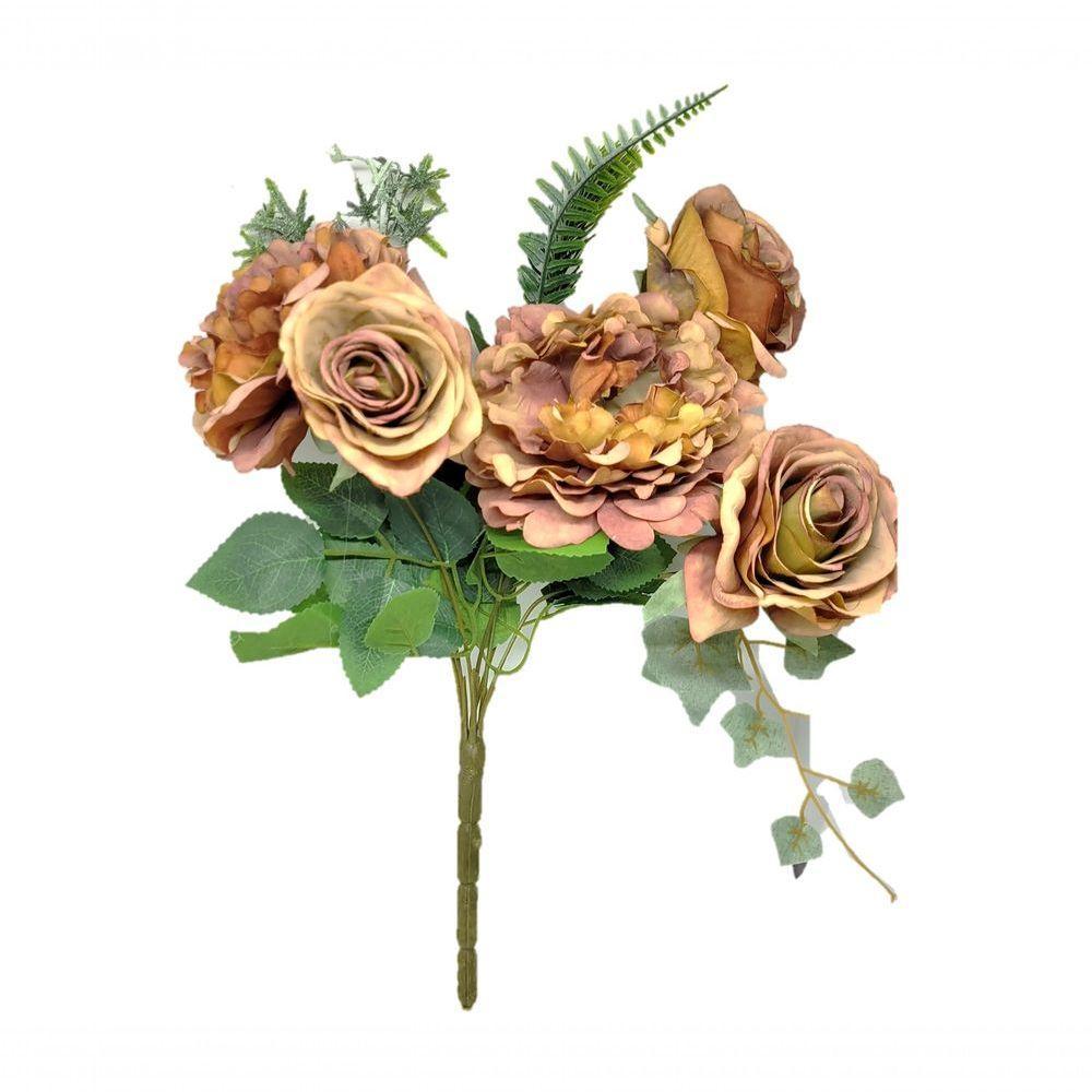 Buquê Peônia E Rosas Pêssego Fosco 5 Flores 40cm - 1