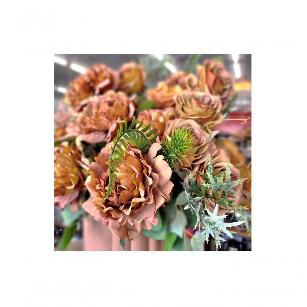 Buquê Peônia E Rosas Pêssego Fosco 5 Flores 40cm - 5
