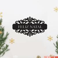 Placa Feliz Natal Com Arabesco 30cmx17cm - Cria Arte Laser Madeira Escuro - 3