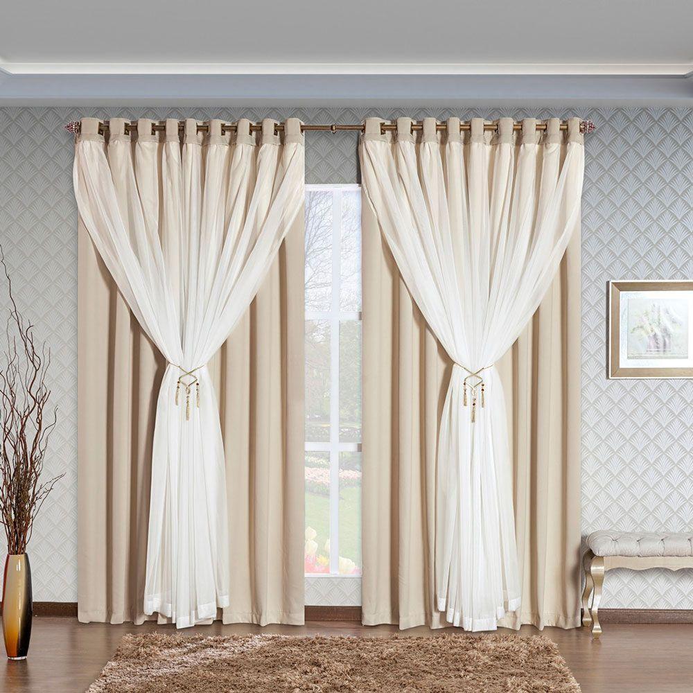 Cortina Arezzo 2,00M X 1,70M Varão Simples Tecido Blackout Com Voal Clássica Janela - Palha - 1