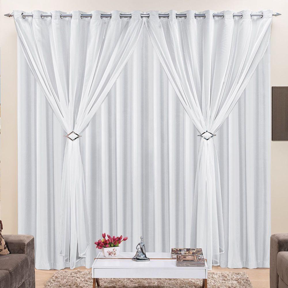 Cortina Jéssica 3 Metros Branca Tecido Microfibra Com Voal Clássica Cromada - 1