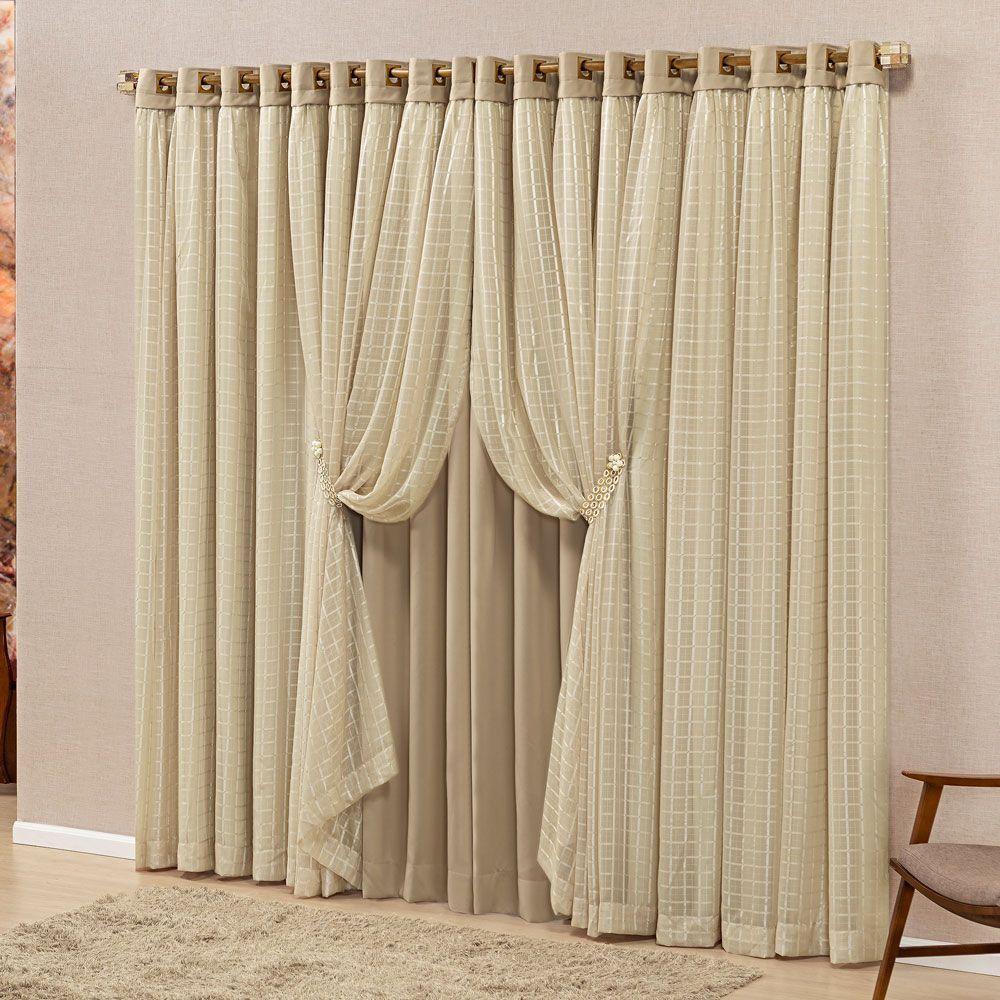 Cortina Monte Real 4,00M X 2,70M Tecido Blackout Voal Trabalhado Xadrez Sala Quarto - Chocolate - 1