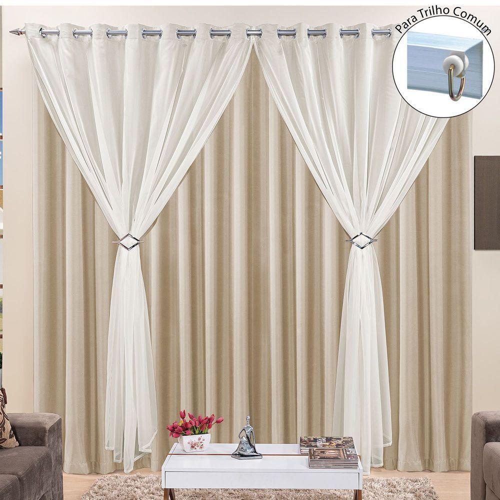 Cortina Jéssica 2,00M X 1,70M Tecido Microfibra Com Voal Exclusiva Para Trilho Comum - Bege - 1