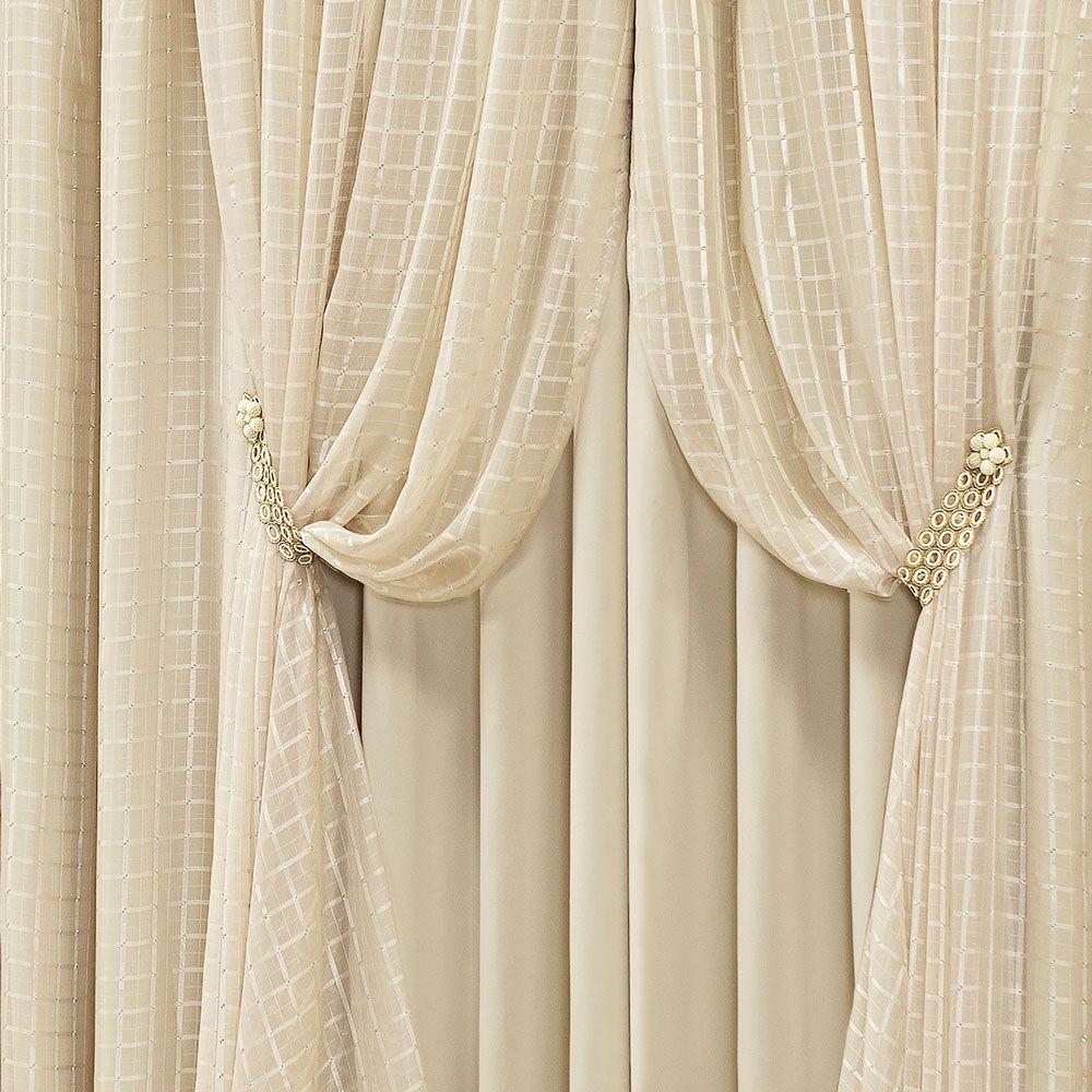 Cortina Monte Real 2,00M X 1,70M Tecido Blackout Voal Trabalhado Xadrez Sala Quarto - Palha - 1