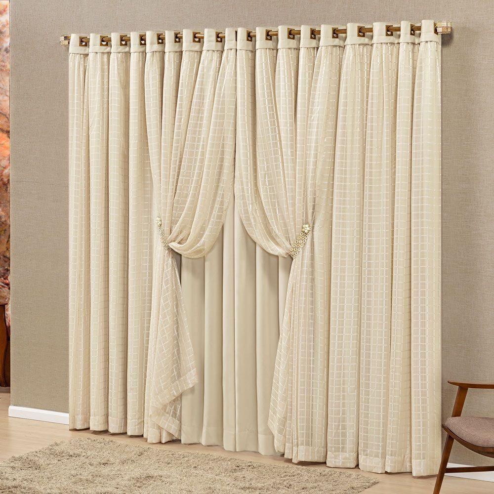 Cortina Monte Real 2,00M X 1,70M Tecido Blackout Voal Trabalhado Xadrez Sala Quarto - Palha - 2