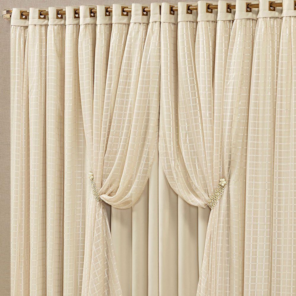 Cortina Monte Real 2,00M X 1,70M Tecido Blackout Voal Trabalhado Xadrez Sala Quarto - Palha - 3