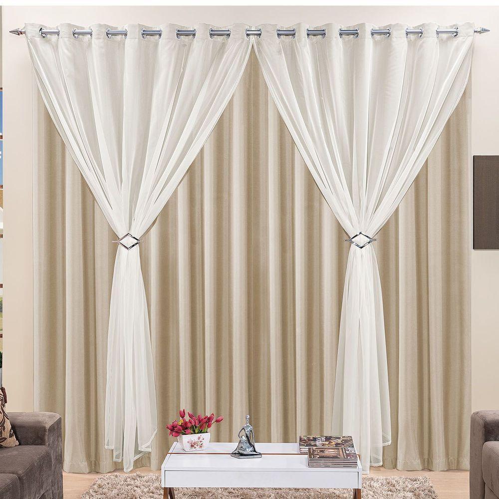 Cortina Jéssica 3 Metros Bege Tecido Microfibra Com Voal Clássica Cromada - 1