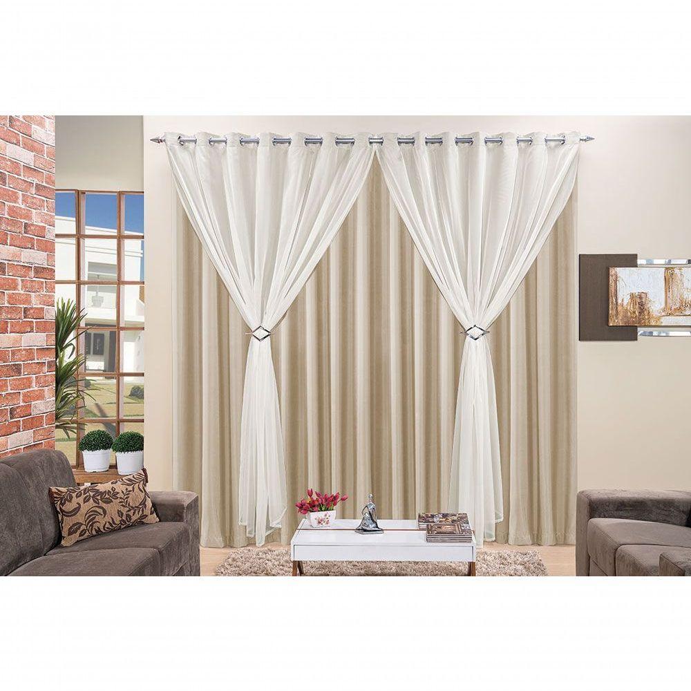 Cortina Jéssica 3 Metros Bege Tecido Microfibra Com Voal Clássica Cromada - 2