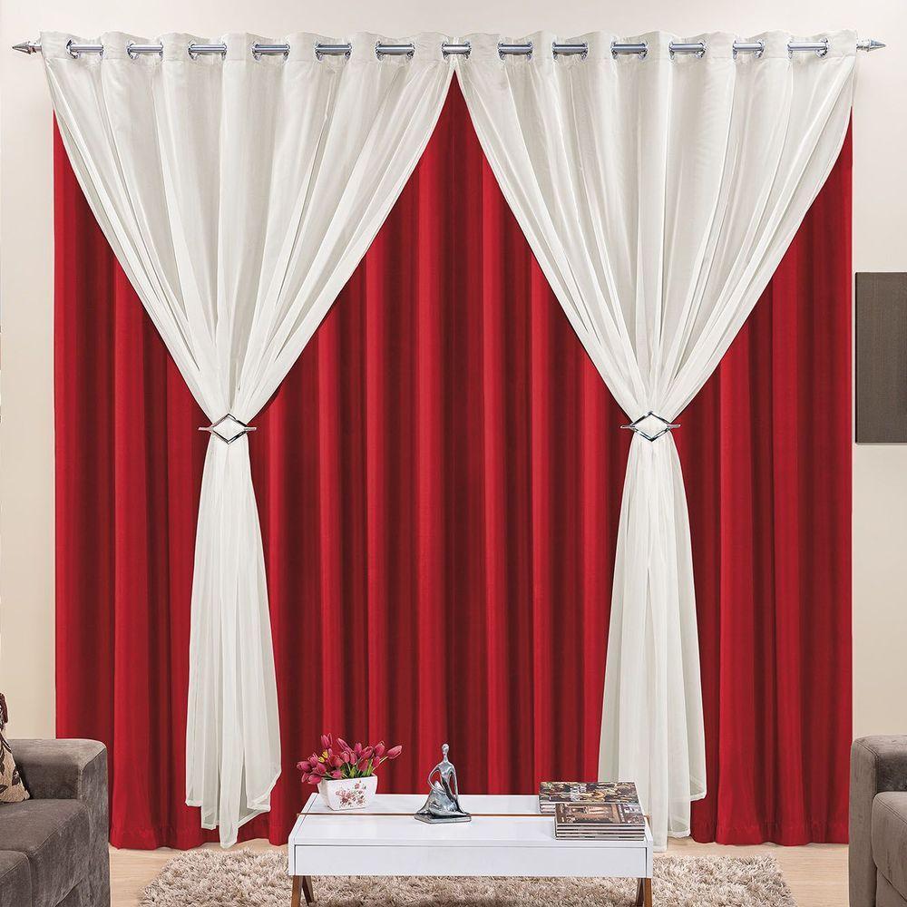 Cortina Jéssica 2 Metros Vermelha Tecido Microfibra Com Voal Clássica Cromada - 1