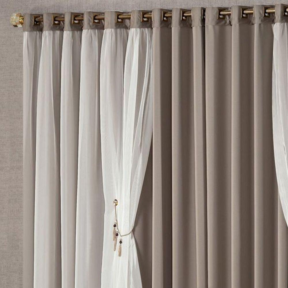 Cortina Mabelle 2,00M X 1,70M Semi Blackout Com Voal Premium Pingentes Sala Quarto - Avelã - 2