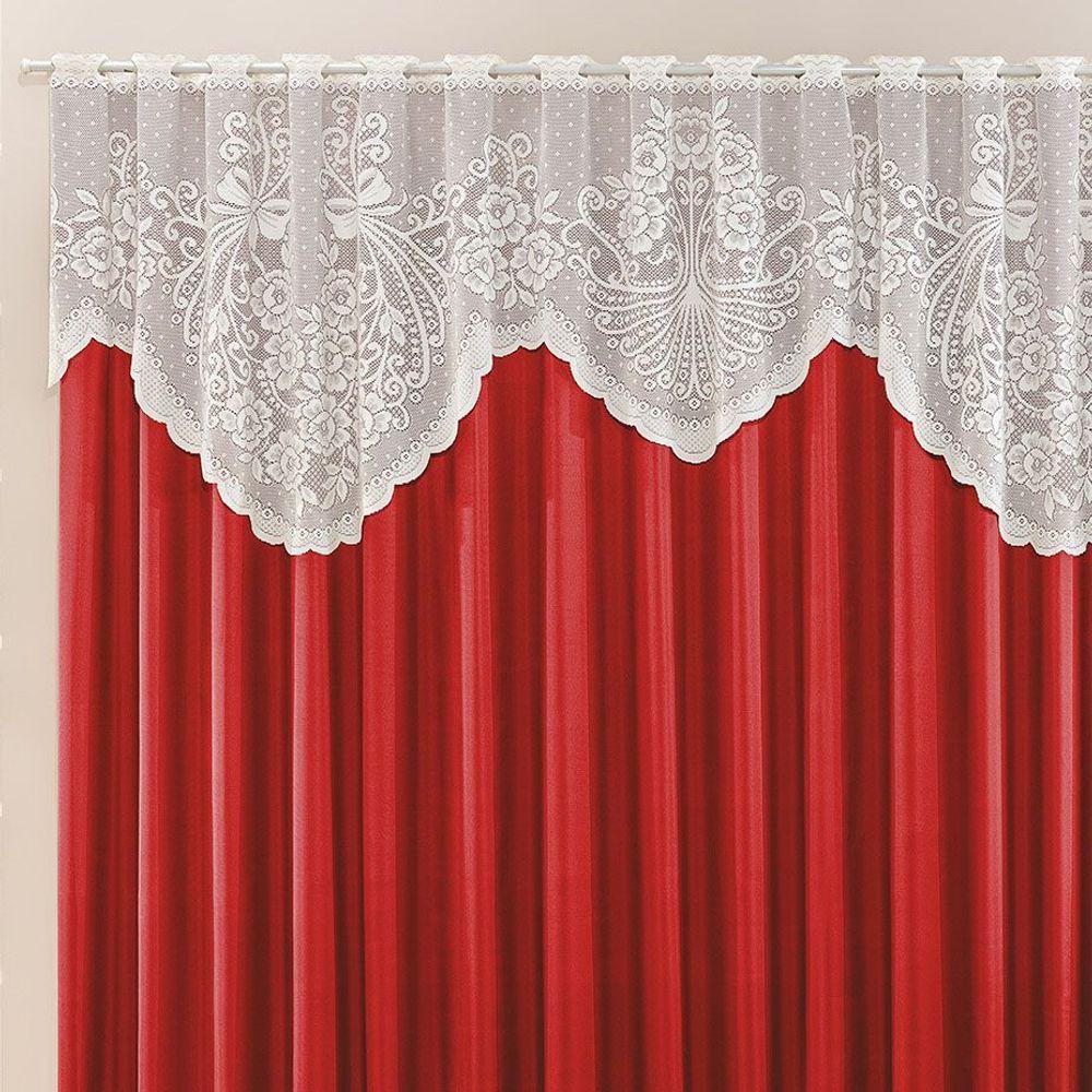 Cortina Nicole 4,00M X 2,50M Vermelha Tecido Microfibra Com Renda Varão Simples - 2