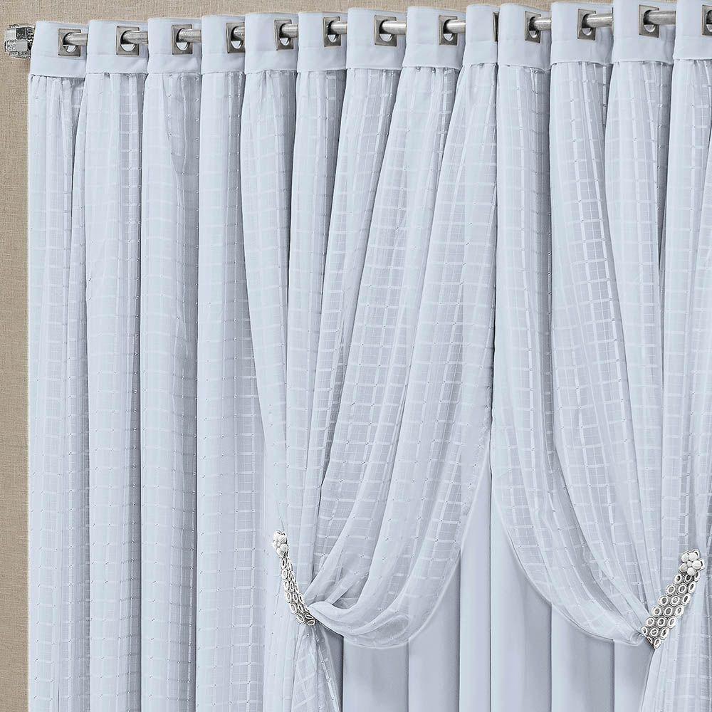 Cortina Monte Real 4,00M X 2,70M Tecido Blackout Voal Xadrez Sala Quarto Varão Simples - Gelo - 3