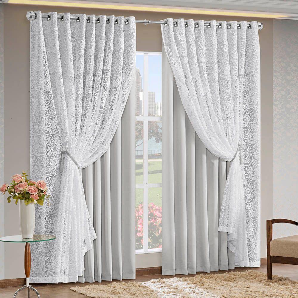 Cortina Monalisa 3,00M X 2,50M Varão Simples Tecido Blackout Com Renda Floral - Gelo - 1