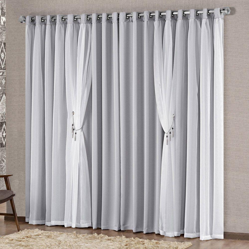 Cortina Mabelle 3,00M X 2,50M Semi Blackout Com Voal Premium Pingentes Sala Quarto - Cinza - 1