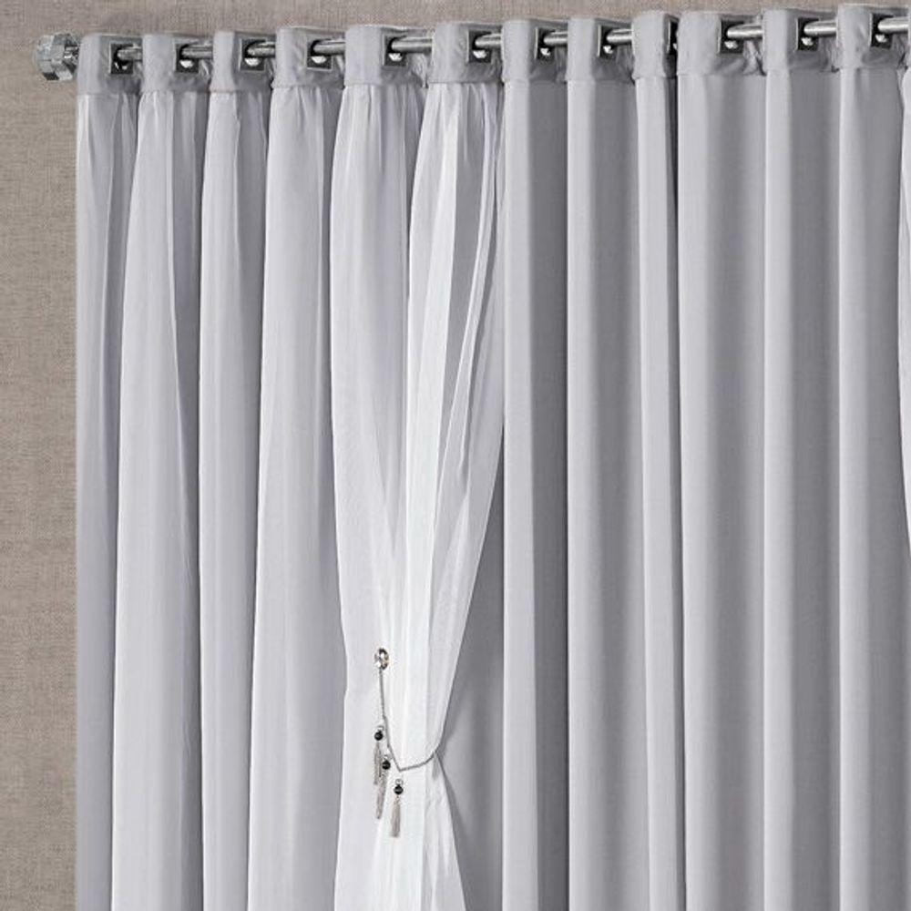 Cortina Mabelle 3,00M X 2,50M Semi Blackout Com Voal Premium Pingentes Sala Quarto - Cinza - 2
