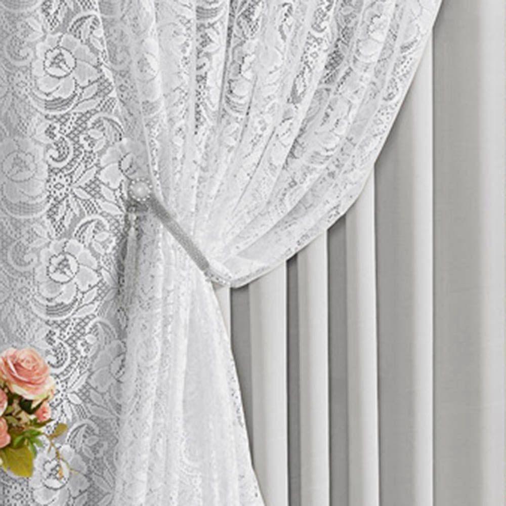 Cortina Monalisa 2,00M X 1,70M Tecido Blackout Com Renda Floral Luxo Varão Simples - Gelo - 1
