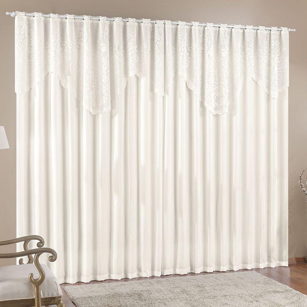 Cortina Nicole 3 Metros Palha Tecido Microfibra Com Renda Floral Sala Quarto - 1