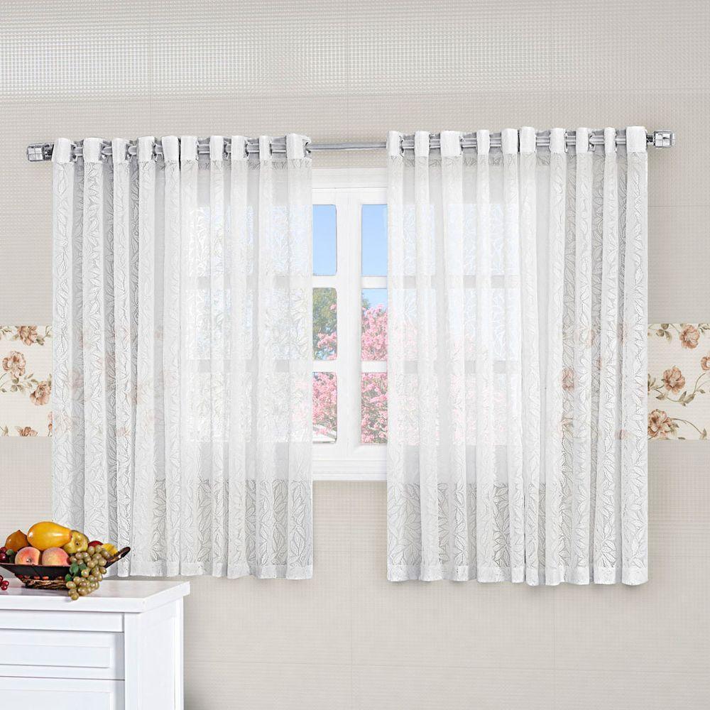 Cortina Para Cozinha 2,00M X 1,50M Charme Tecido Renda Floral Para Varão Simples - Branca - 1