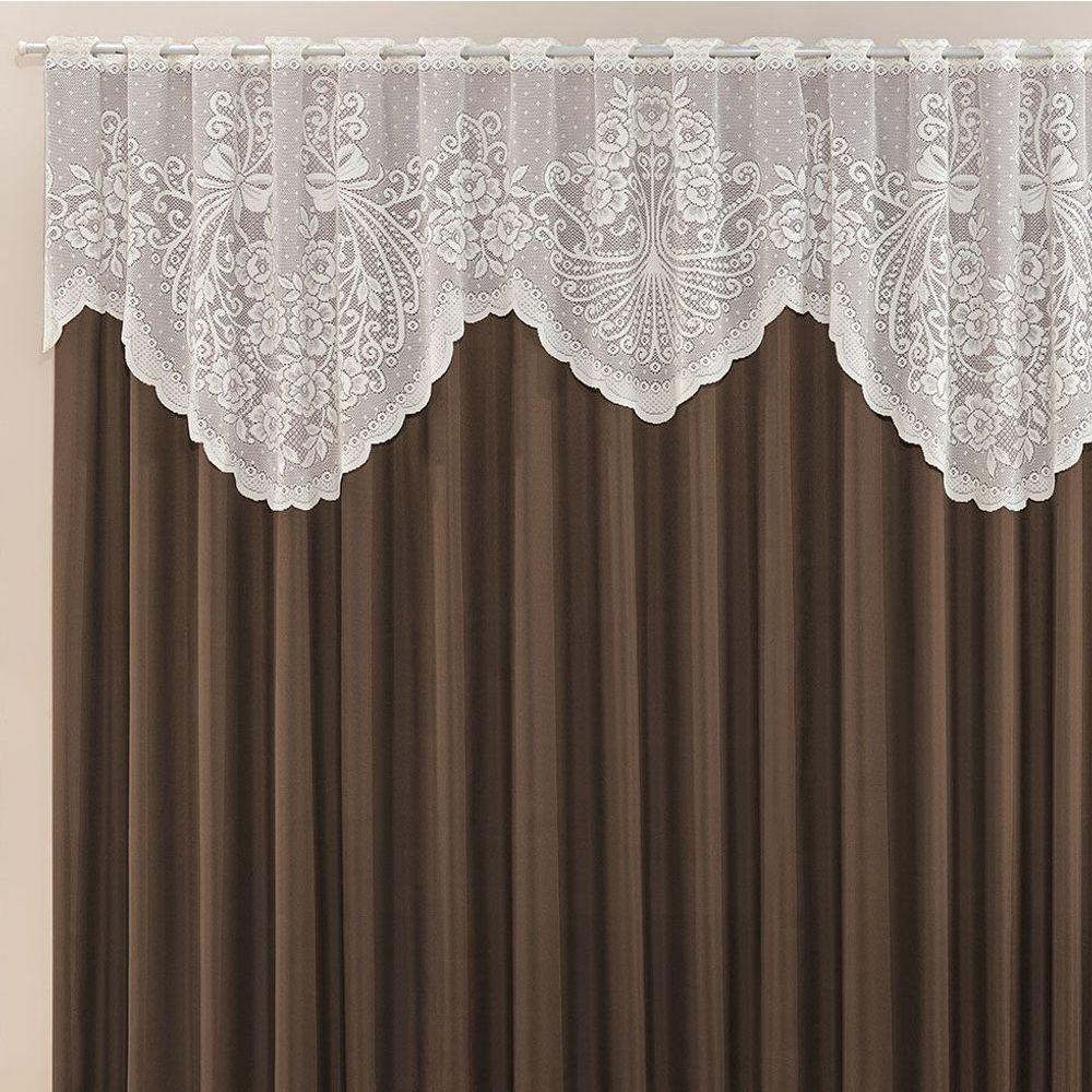 Cortina Nicole 2 Metros Café Tecido Microfibra Com Renda Floral Sala Quarto - 2