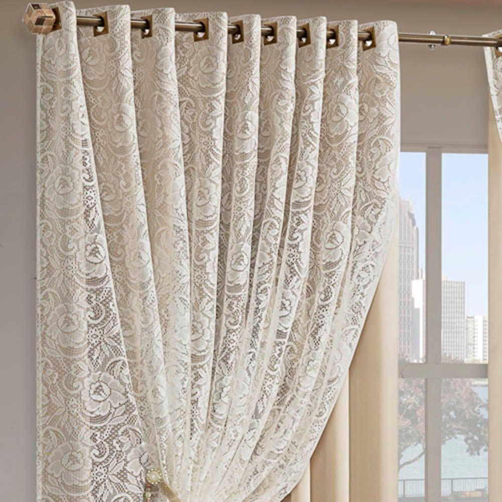 Cortina Monalisa 3,00M X 2,50M Varão Simples Tecido Blackout Com Renda Floral - Palha - 3