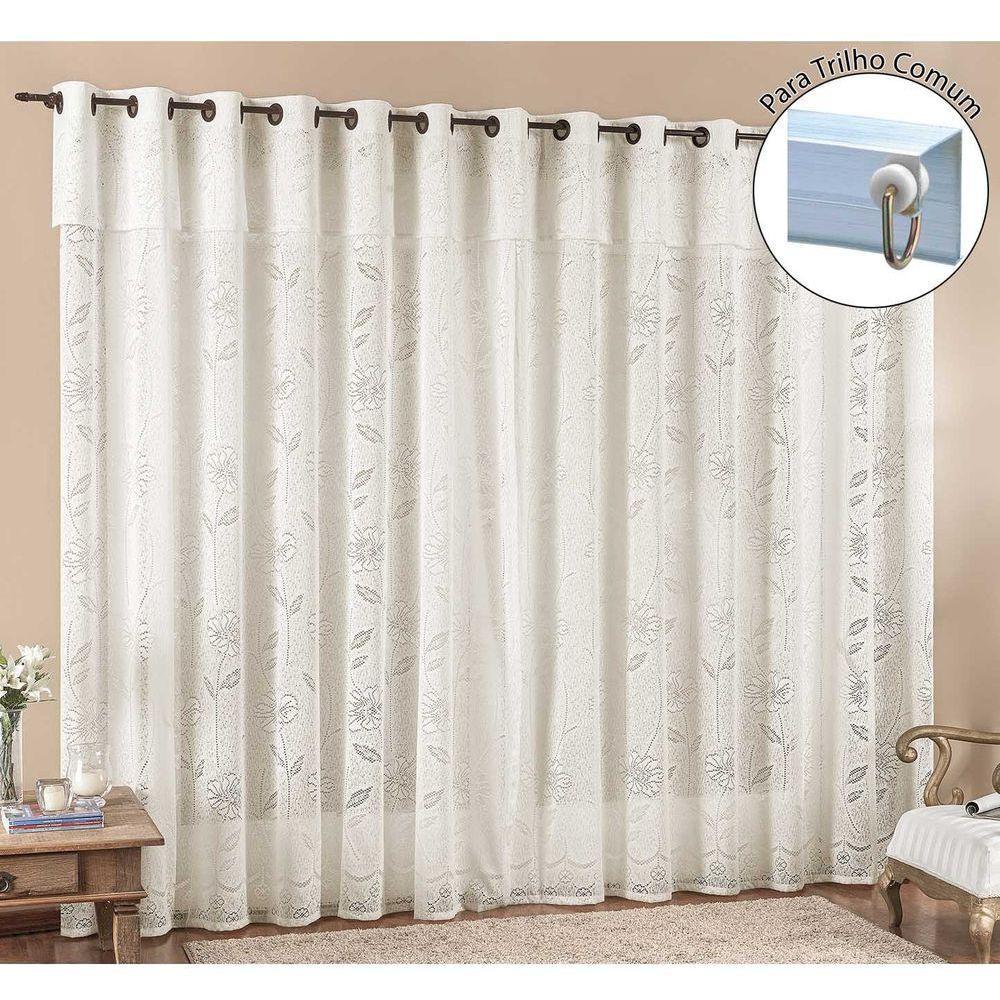 Cortina Luna 3 Metros Para Trilho Comum Palha Renda Floral Sala Ou Quarto - 1