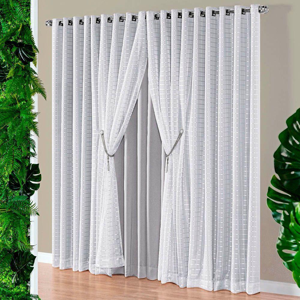 Cortina Realce 3,00M X 2,50M Tecido Semi Blackout Com Voil Xadrez Varão Simples 3M - Cinza - 1