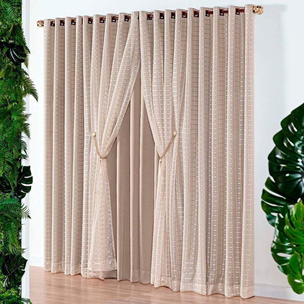 Cortina Realce 3,00M X 2,50M Tecido Semi Blackout Com Voil Xadrez Varão Simples 3M - Avelã - 1