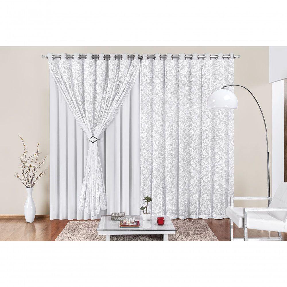 Cortina Yasmin 3 Metros Branca Tecido Malha Com Renda Floral Sala Ou Quarto - 2